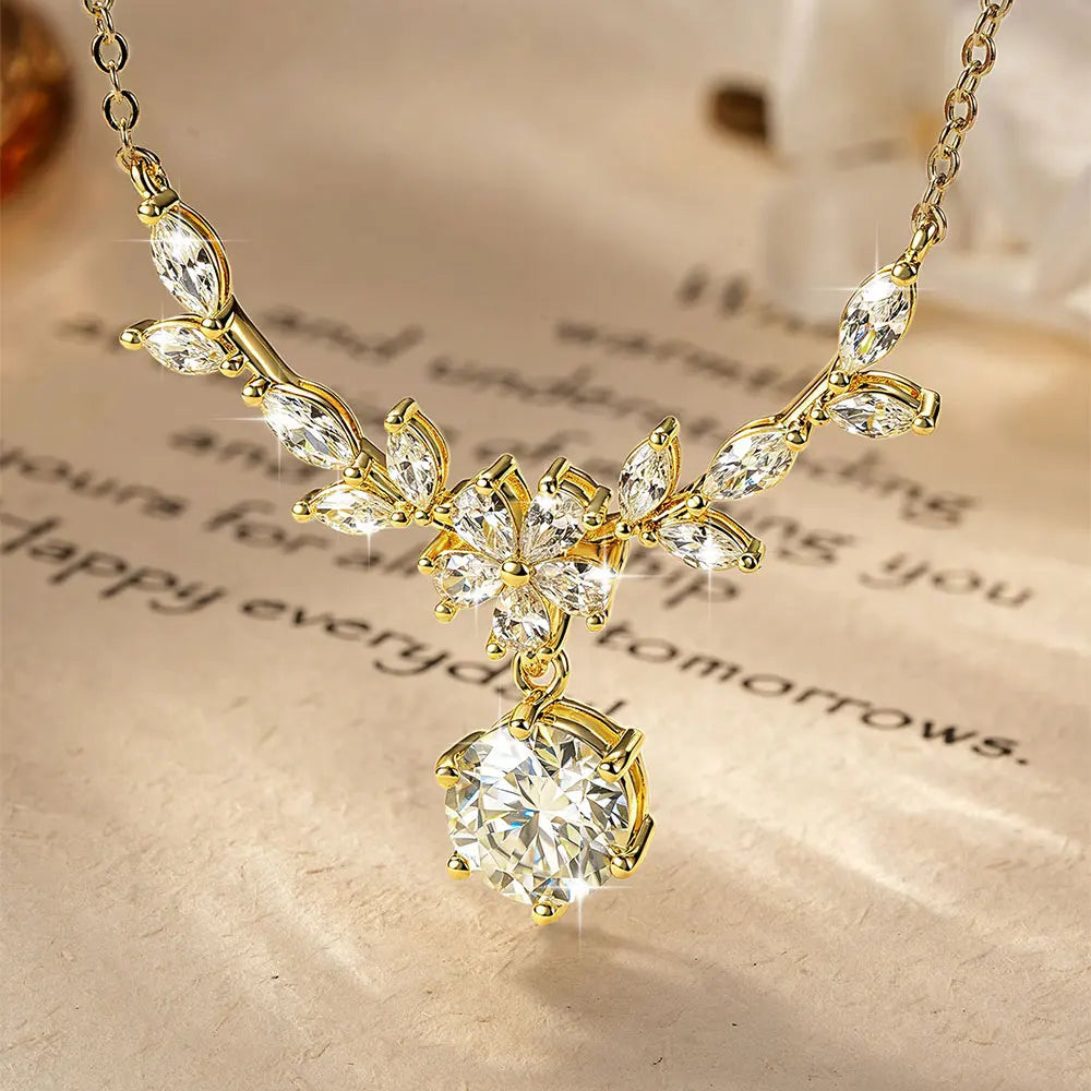OXTAO Light Luxury Floral-Style Moissanite Necklace 2CT VVS1 14K Gold Filled for Women Pendant Necklace Romantic Wedding Jewelry