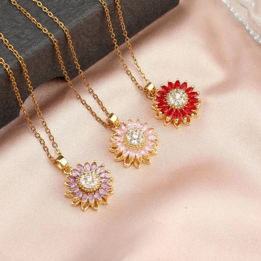 Light Luxury Rotatable Sunflower Necklace with Stylish Design, Simple and Trendy Sunflower Micro Inlaid Zircon Titanium Steel Ch
