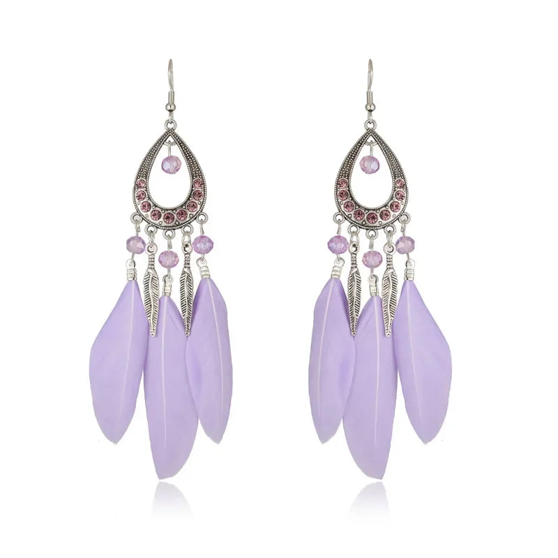 Bohemian Women Handmade Earrings For Female Colorful Long Feather Crystal Drop Tassel Dangle Earring Ladies Boho Jewelry Gift
