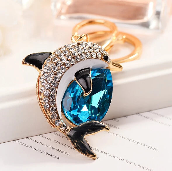 Fashion Rhinestone Crystal Metal Keychain Lovely Cartoon Marine Style Tortoise Fish Dolphin Keyring HandBag Car Pendant Gift