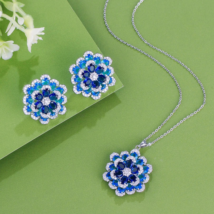 ThreeGraces 2025 New Fashion Blue Zirconia 3D Design Big Flower Earrings and Pendant Necklace Party Jewelry Set for Women J722