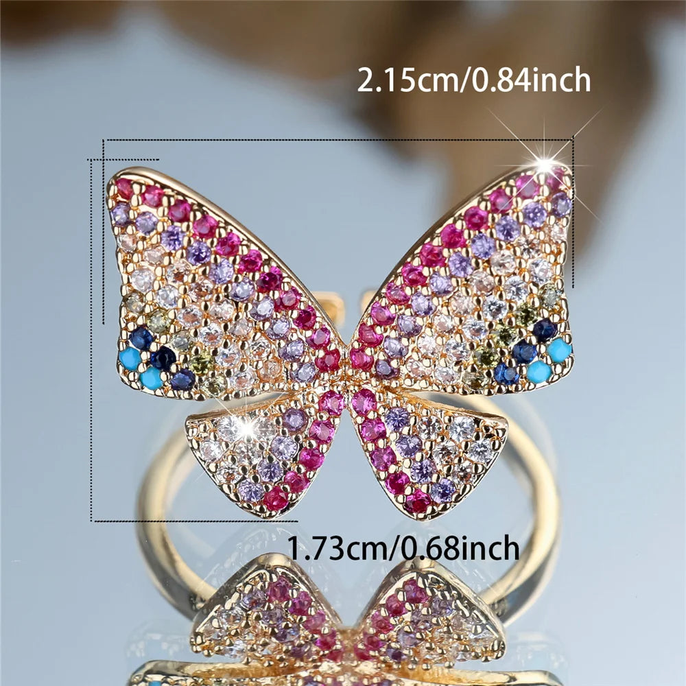 Charm Female Rainbow Butterfly Stone Adjustable Open Ring Gold Silver Color Cute Gift Wedding Jewelry For Women