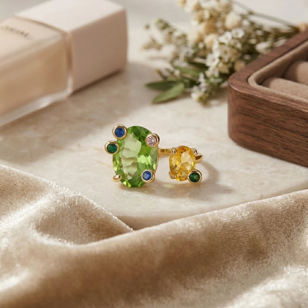 Gold Open Adjustable Ring Women Oval Multicolor Sparkling CZ Finger Ring Versatile Jewelry For Daily Party Dating Vacation Gift