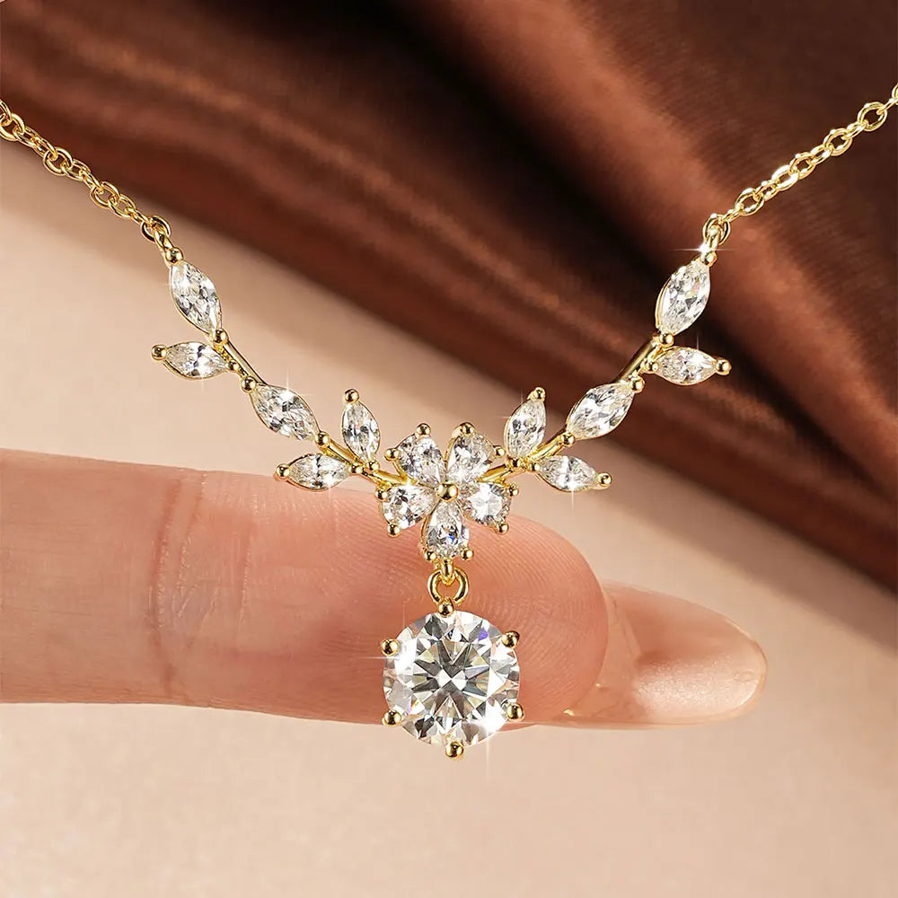 OXTAO Light Luxury Floral-Style Moissanite Necklace 2CT VVS1 14K Gold Filled for Women Pendant Necklace Romantic Wedding Jewelry