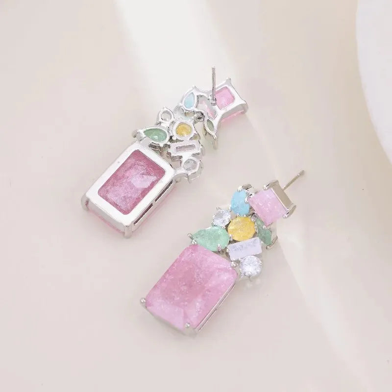 S925 Sterling Silver Colorful Ice Flower Zircon French Drop Earrings Geometric Fashion Jewelry for Women Girls Daily Wear Gift