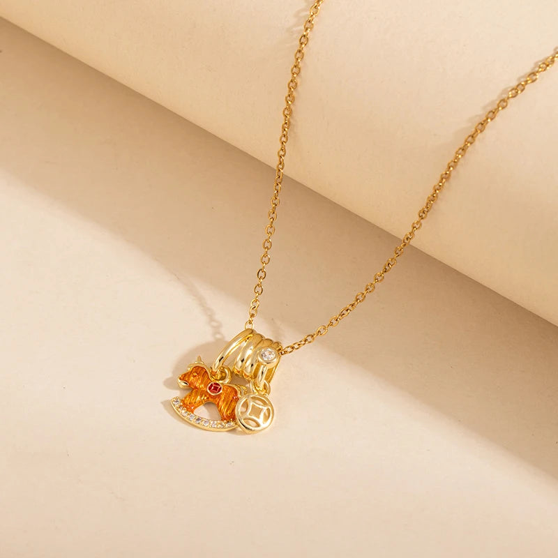 ANENJERY 316L Stainless Steel Drop Oil Horse Circular Pendant Necklace For Women Fashion Cute Sweet Jewelry Gifts Wholesale