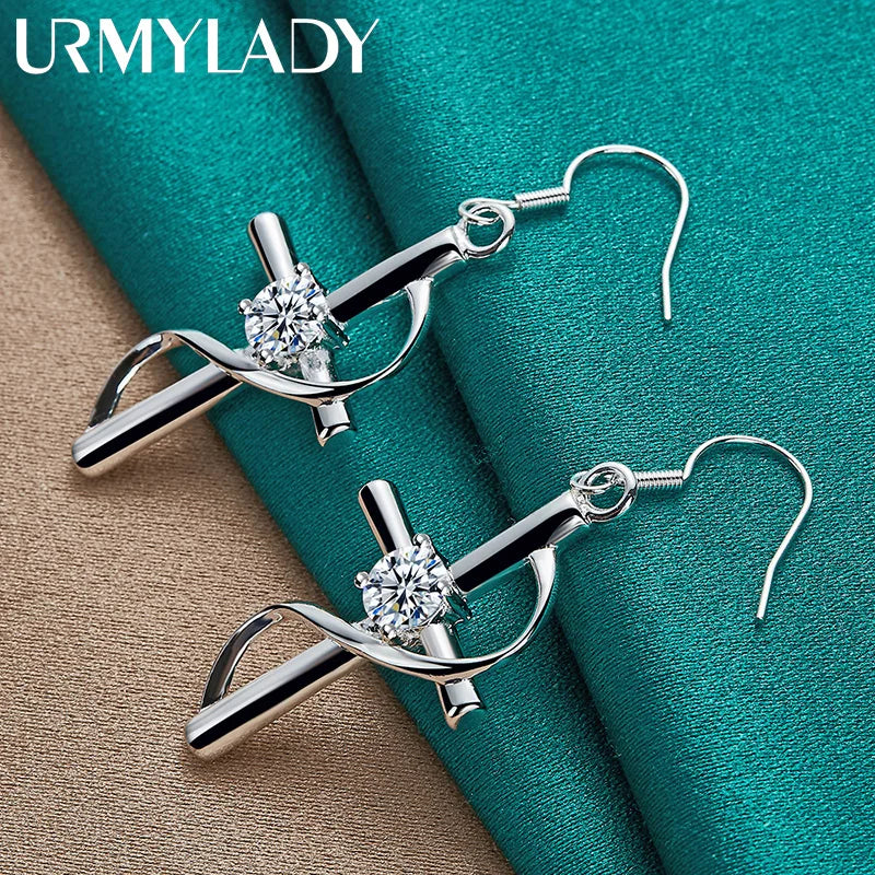 URMYLADY 925 Sterling Silver Cross Zircon Earrings For Women Charm Jewelry Wedding Fashion Gift