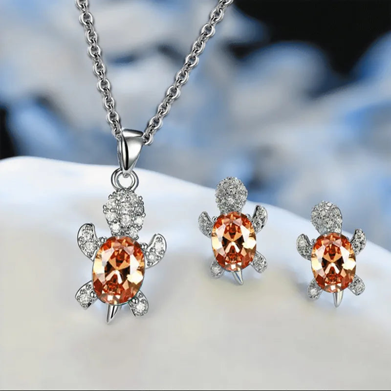 Multicolor Rhinestones Turtle Necklace Earrings sets for Women 14k Platinum Plated 3 Pcs Jewelry Set Female Party Wedding Gifts