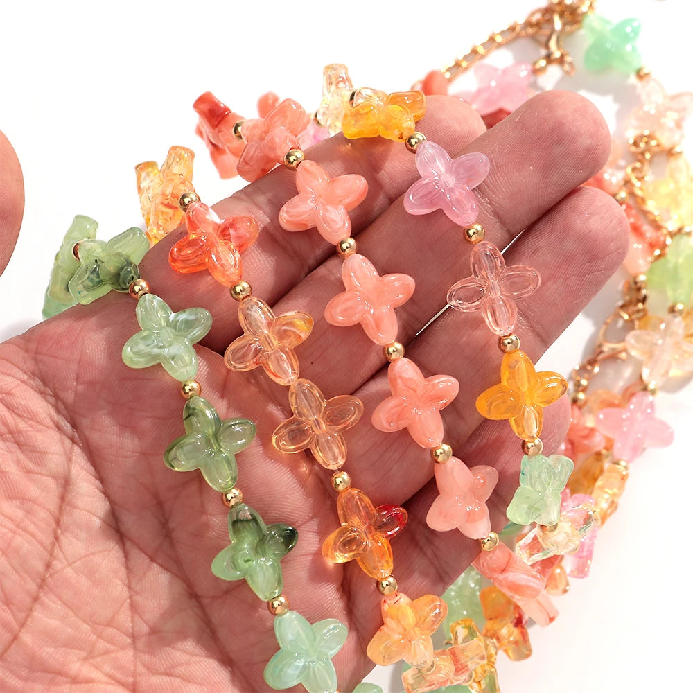 Cute Colorful Geometric Flower Beaded Choker Necklace Sweet Resin Beads Necklaces for Women Spring Summer Jewelry Gifts