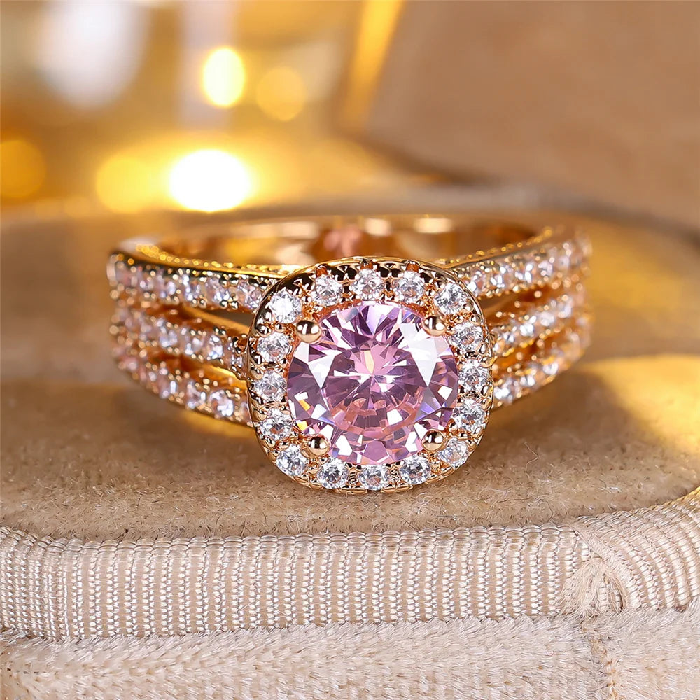 Luxury Female Yellow Gold Color White Pink Zircon Stone Wedding Jewelry Promise Love Engagement Rings For Women