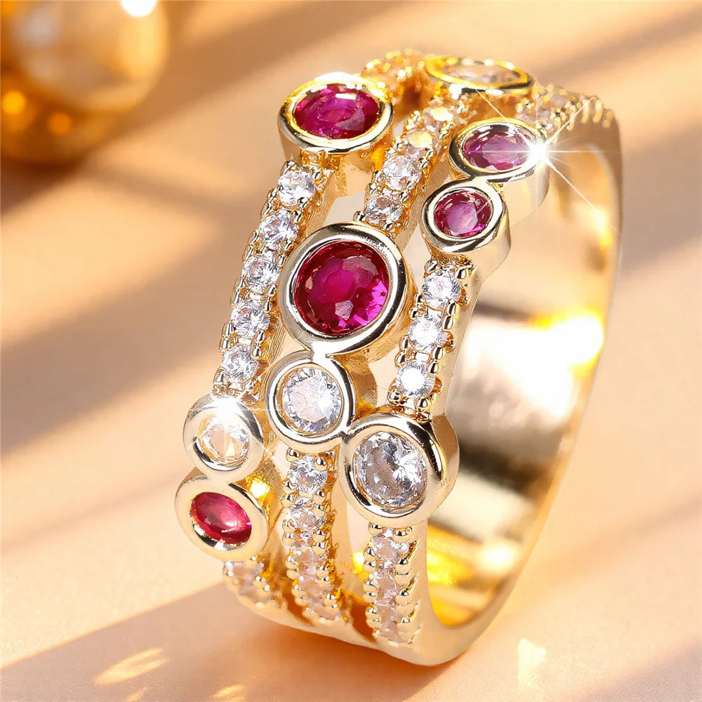 Cute Female Rose Red Zircon Stone Gold Color Wedding Jewelry Promise Engagement Rings For Women