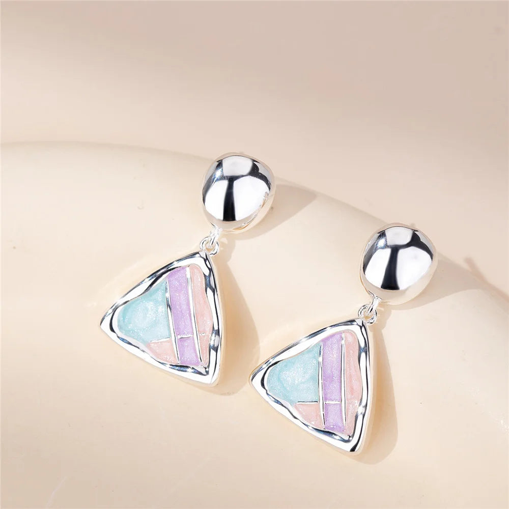 Cute Charm Female Small triangle Rainbow Enamel New Fashion Drop Dangle Earrings Unique Silver Color Wedding Jewelry For Women