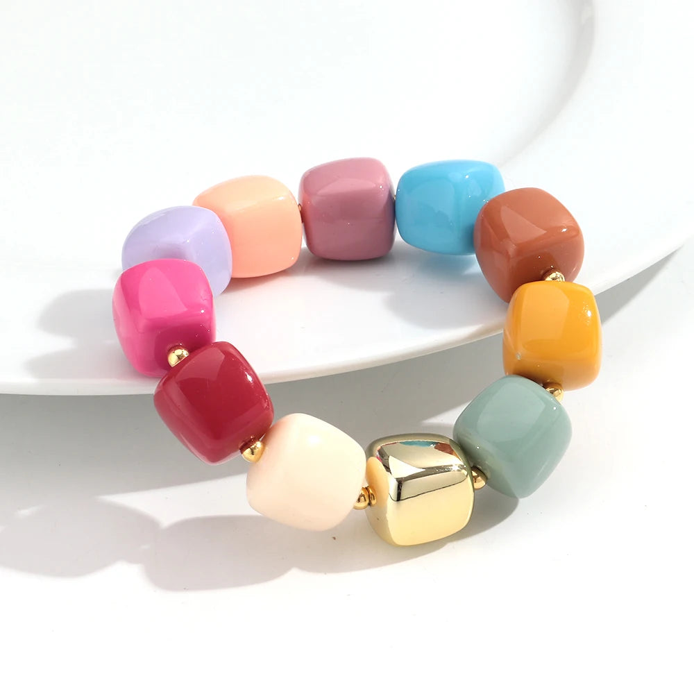 Trendy Colorful Square Beads Elastic Bangle Bracelets New Resin Geometric Beaded Stackable Bracelet 2026 Spring Summer Jewelry