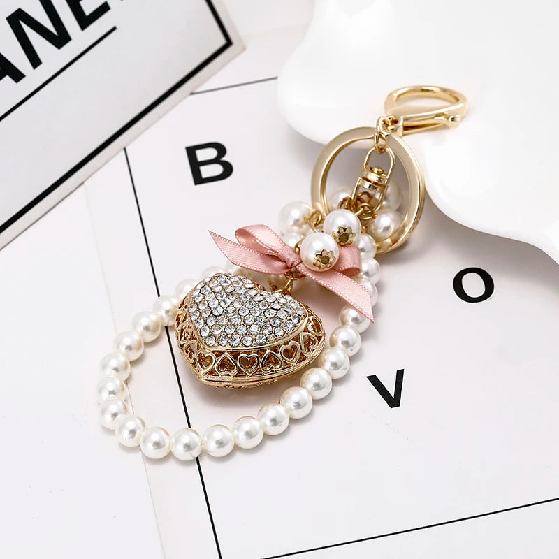 Pink Bow Love Pearl Chain KeyChain Sparkling Crystal Women's Luxury Handbag Pendant Car Key Ring
