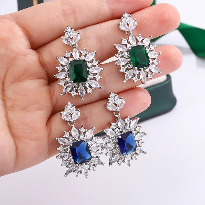925 Silver New Emerald Geometric Earrings Feminine Exaggerated Light Luxury Princess Square Diamond Earrings Party Birthday Gift