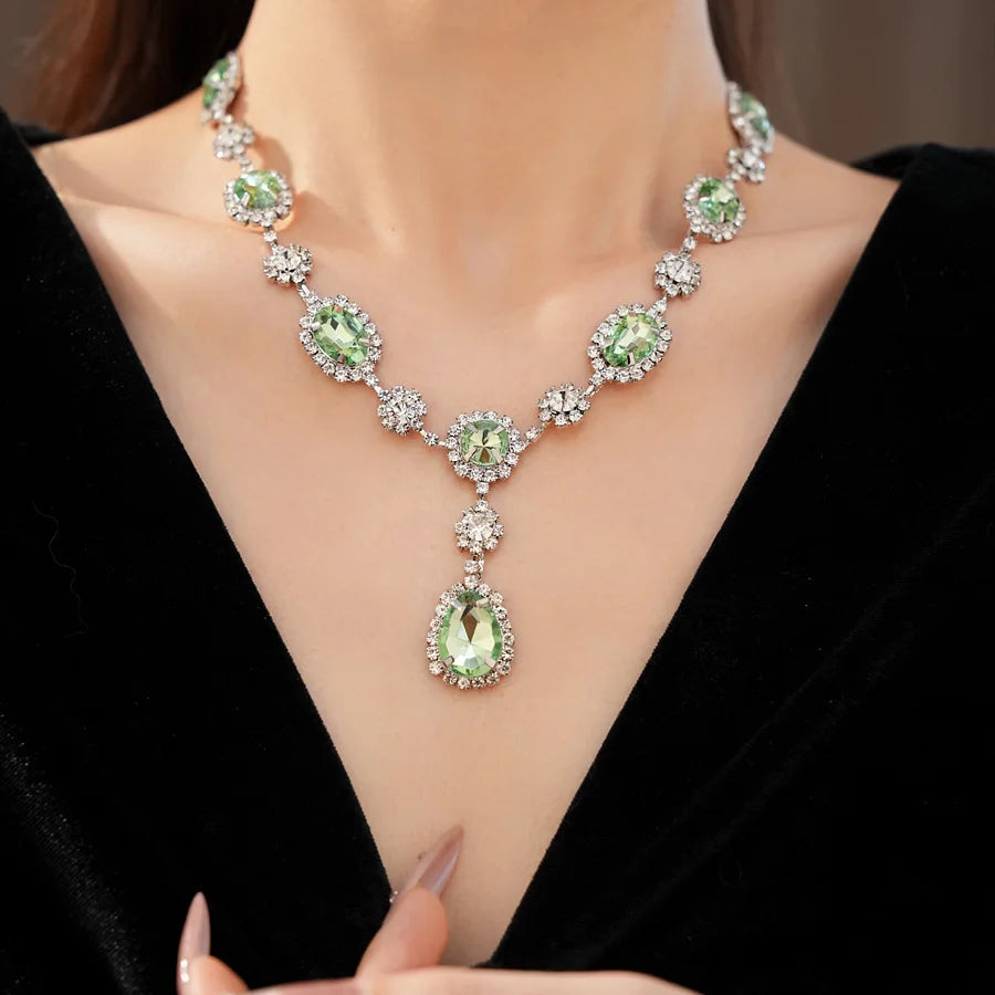 Shiny Cubic Zirconia Jewelry Set Women's Fashion Water Drop Teardrop Rhinestone Choker Necklace Dangle Earrings for Party K