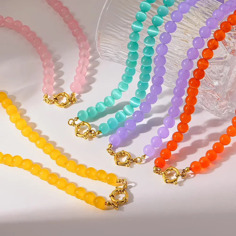 2026 Rainbow Cats Eye Glass Bead Choker Necklace 18K Gold Plated Stainless Steel Summer Bikini Gift for Women Girls