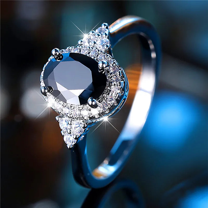 Cute Female Black Oval Zircon Stone Engagement Ring Trendy Silver Color Bride Wedding Jewelry Gift For Women