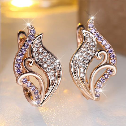 Trendy Purple Crystal White Zircon Skeleton Hoop Earrings For Women Vintage Rose Gold Color Wedding Jewelry