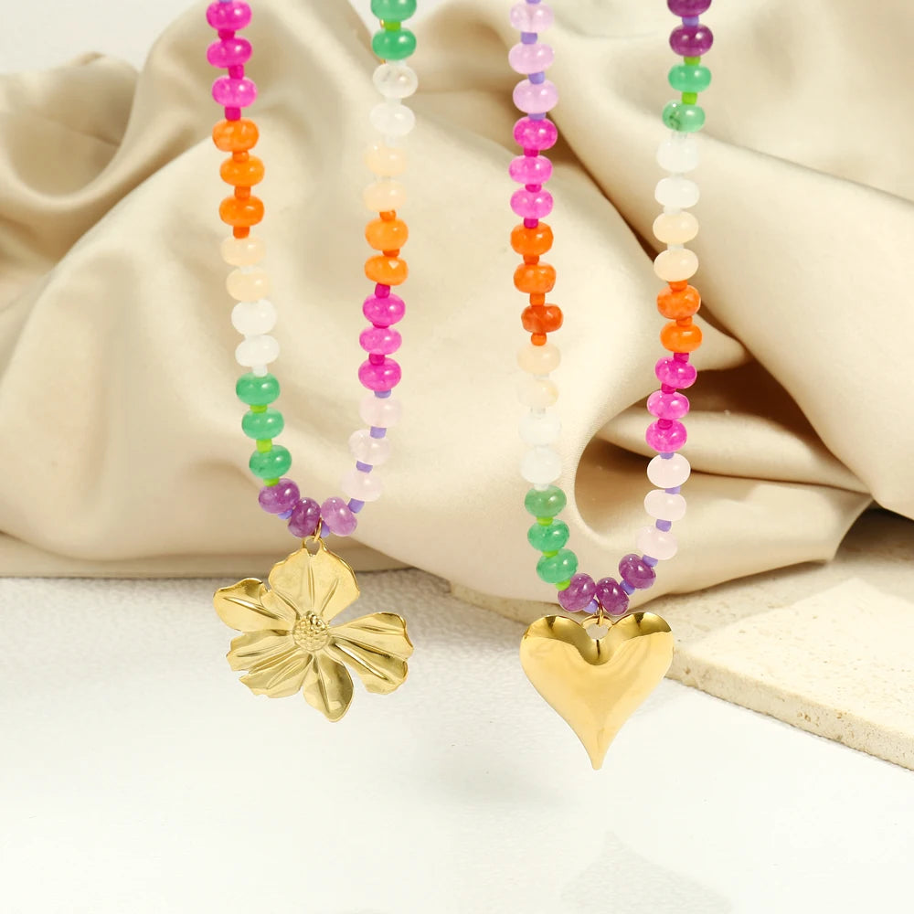 Badu Rainbow Gemstone Stainless Steel Flower Heart Shape Pendant Necklace for Women Boho Vacation Party Jewelry Gift Waterproof