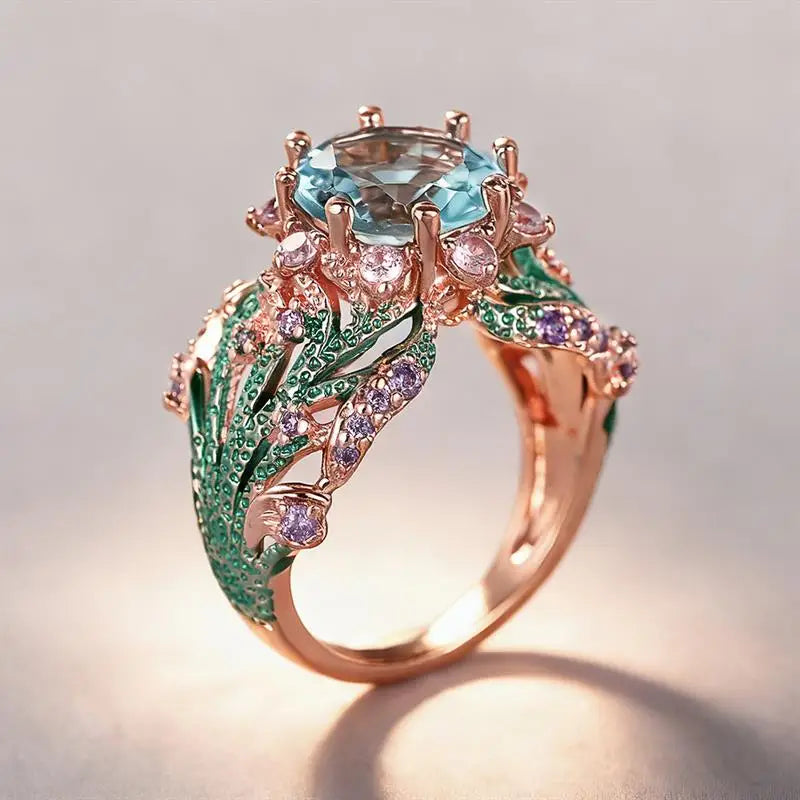 Huitan Special Flower Design Women Ring Colorful Enamel Wedding Party Two Tone Accessories Inlaid Shiny Blue CZ Noble Jewelry