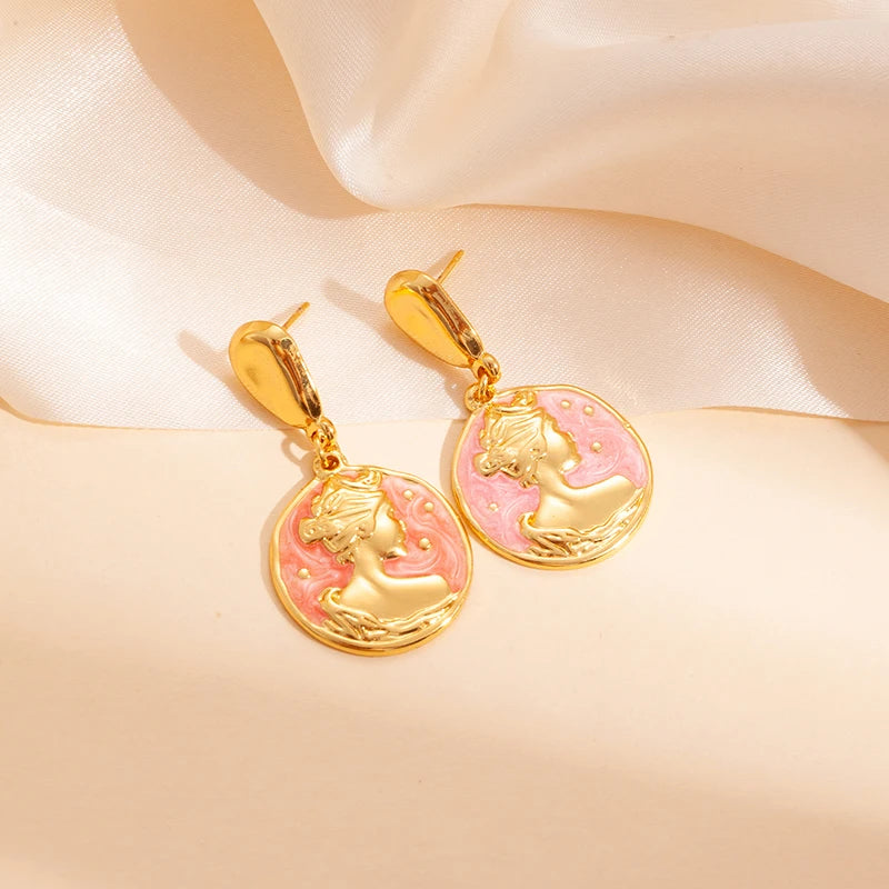 ANENJERY 316L Stainless Steel Portrait Round Card Pendant Earrings For Women Vintage Personality Versatile Party Jewelry Gifts