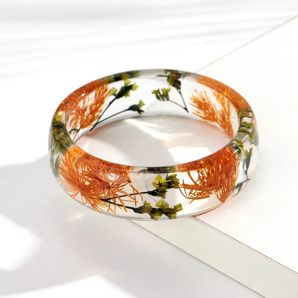 Vintage Dried Flowers Transparent Resin Chunky Bangles New Stackable Cuff Bangle Bracelets for Women Charm Jewelry