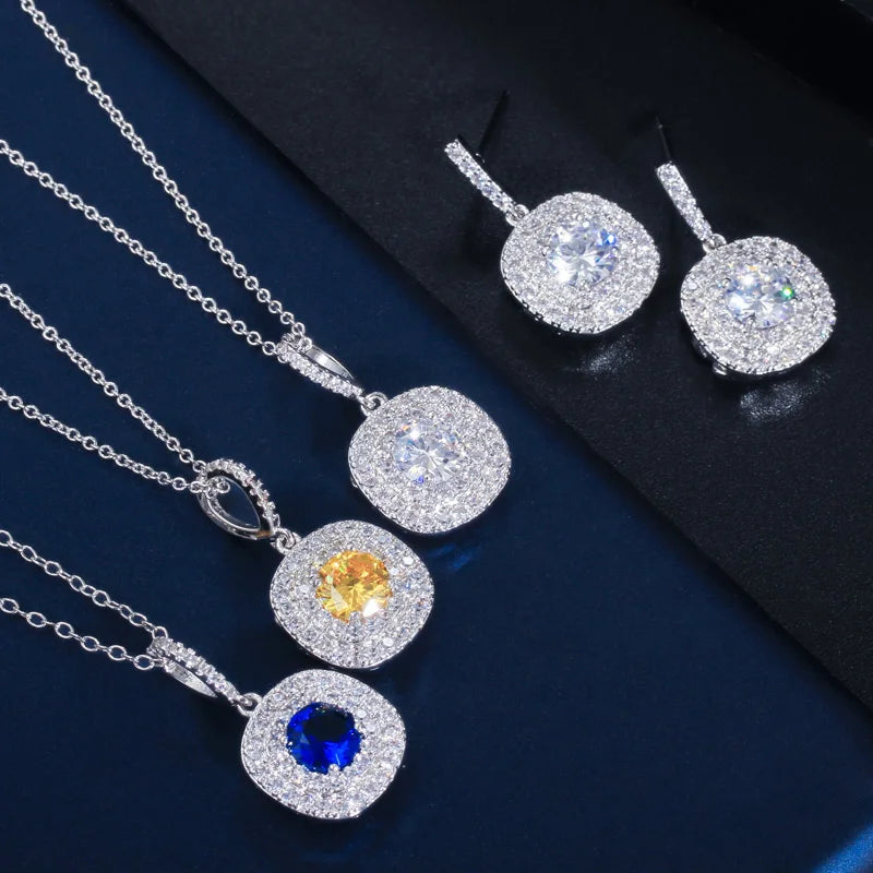 ThreeGraces New Fashion Shiny Green Zirconia Earrings and Pendant Necklace Wedding Evening Party  Jewelry Set for Women JS581