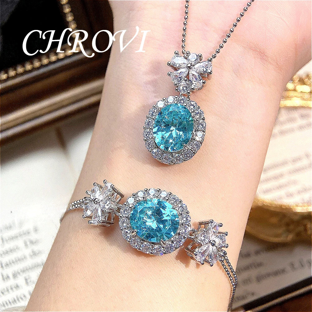 Aromatherapy 925 sterling silver romantic Paraiba diamond pendant necklace with full-cut oval zircon bracelet set