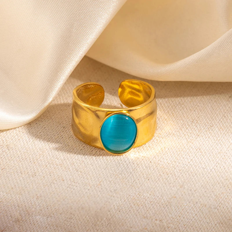 ANENJERY 316L Stainless Steel Colorful Stone Wide Smooth Open Ring for Women Men Elegant Noble Jewelry Gifts Wholesale