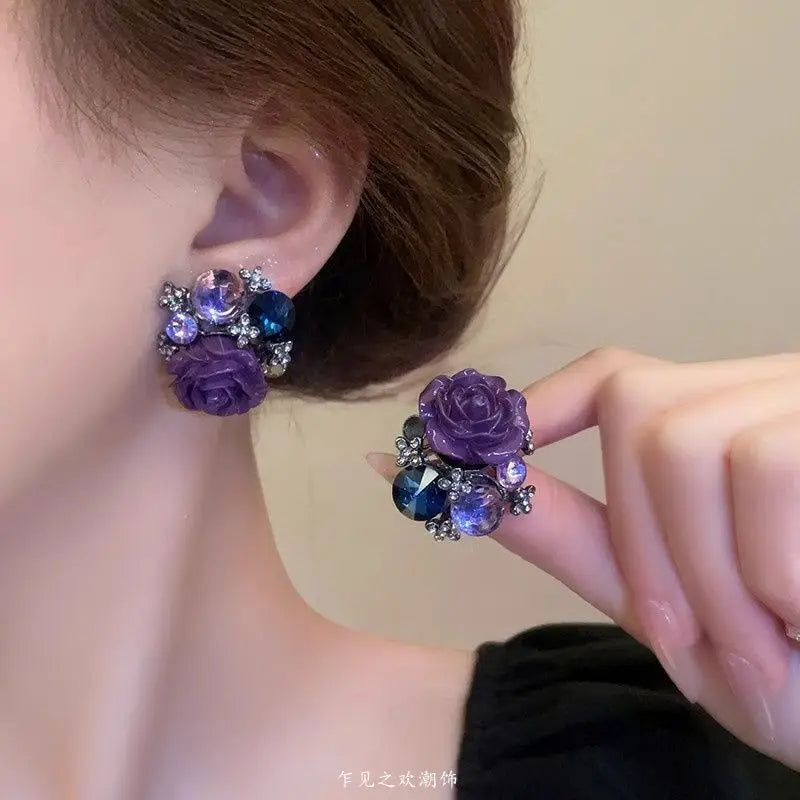 Charming Purple Crystal Flower Stud Earrings For Women Korean Fashion Romantic Rhinestone Rose Earrings Wedding Party Jewelry