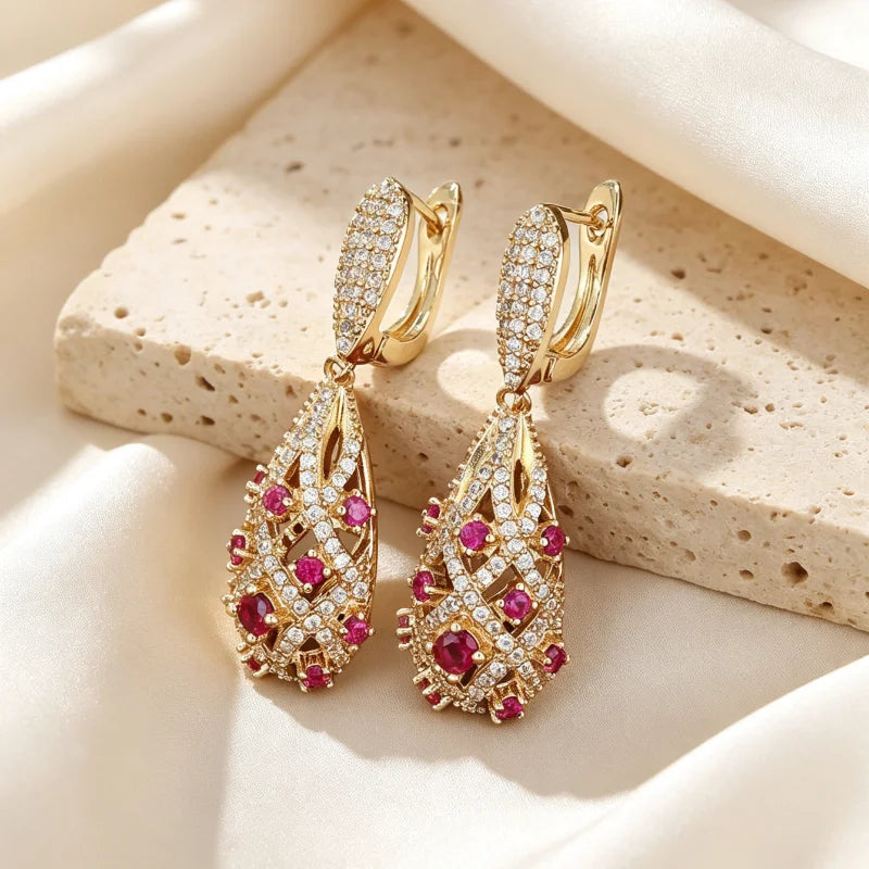 Elegant Hollow Teardrop Drop Earrings Gold Color Earring Sparkling Cubic Zirconia Earring Bridal Statement Jewelry Wedding Party