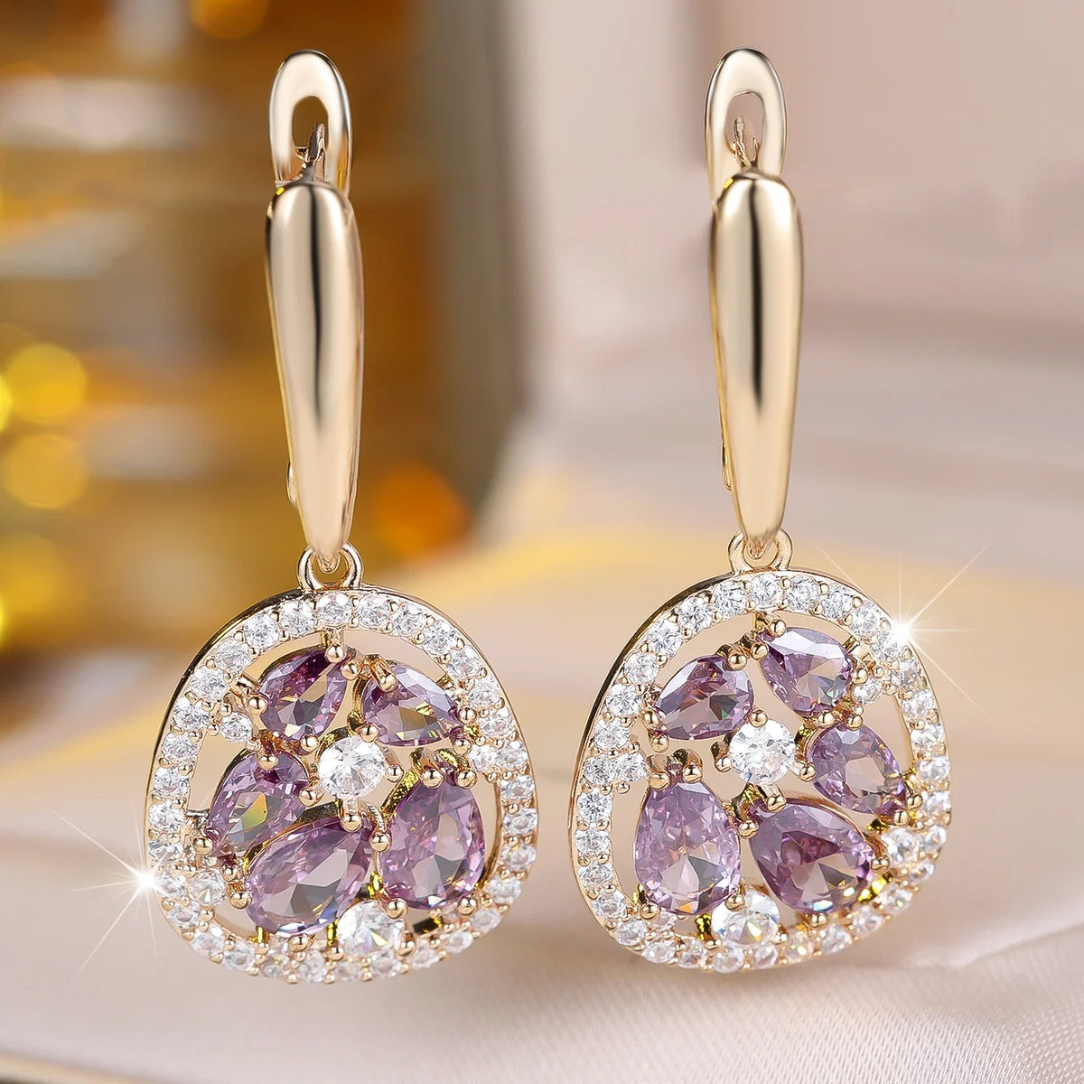 Charm Cute Female Small Waterdrop Purple Zircon Stone Fashion Drop Dangle Earrings Unique Gold Color Wedding Jewelry For Women