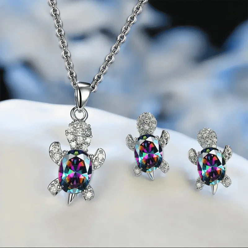 Multicolor Rhinestones Turtle Necklace Earrings sets for Women 14k Platinum Plated 3 Pcs Jewelry Set Female Party Wedding Gifts