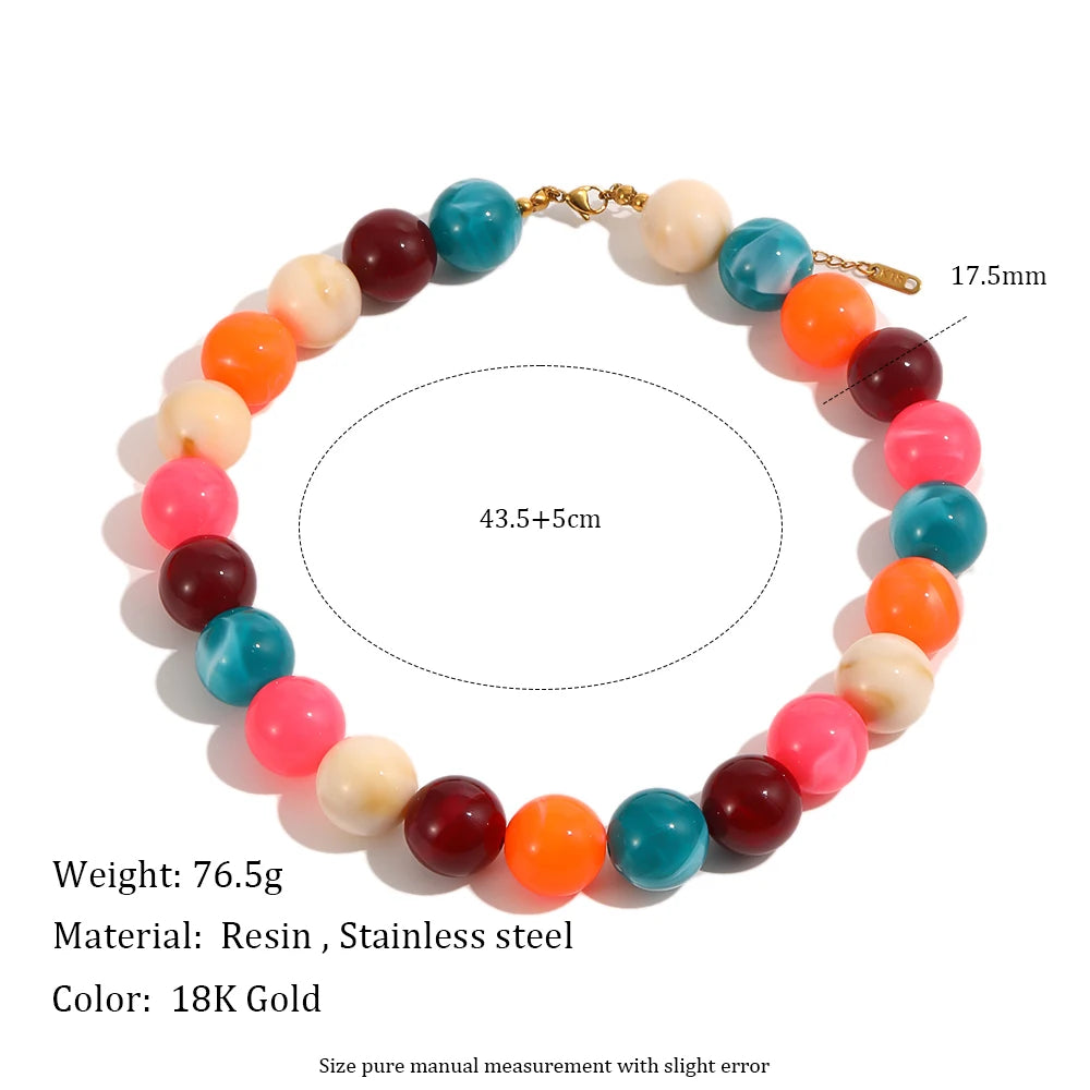 E.B.belle Colorful Marbled Resin Bead Necklace Hypoallergenic Chunky Beaded Chain Bohemian Holiday Women Jewelry Accessories