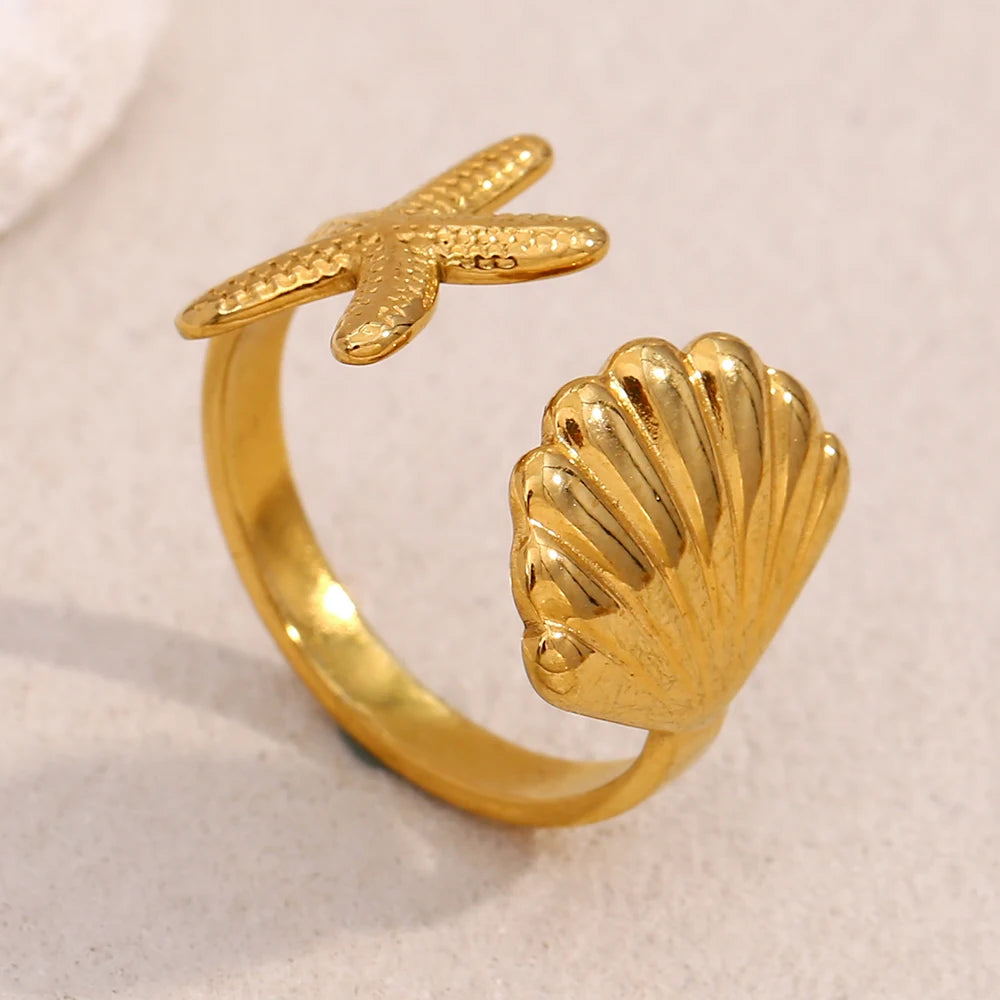 E.B.belle Personality Shell Starfish Opening Rings for Women New Fashion 316L Stainless Steel  PVD Plating Jewelry Decoration