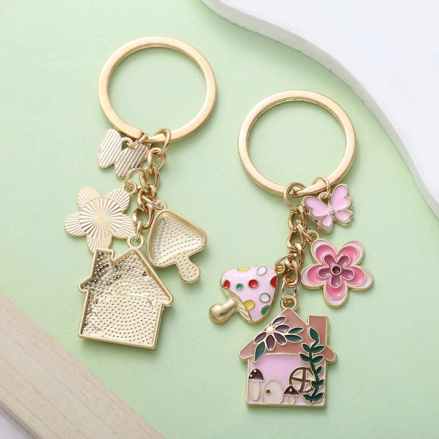 1pc Colorful Fairy Tale Keychain, Enamel Mushroom House Flower Butterfly Charms Key Ring, For Car Keys, Backpacks, Wallets