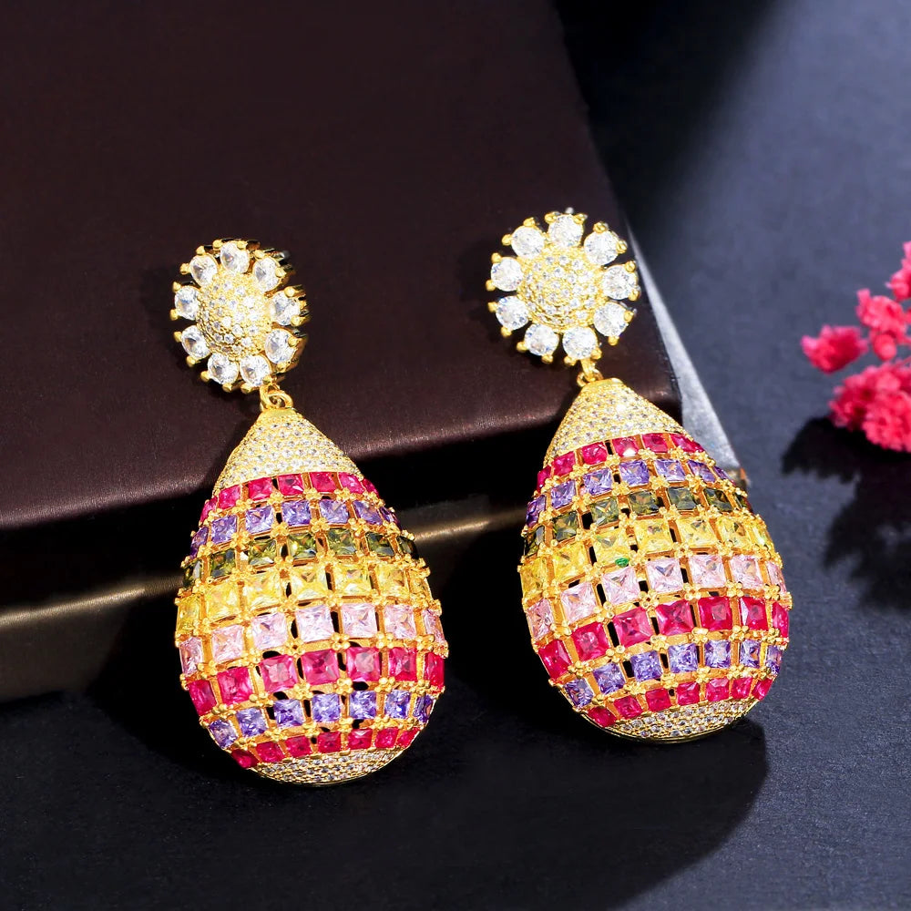 ThreeGraces Gorgeous Shiny Cubic Zirconia Multicolor Long Big Dangle Luxury Women Wedding Flower Earrings Chunky Jewelry ER991