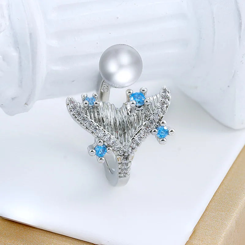 Creative Asymmetrical Whale Pearl Sapphire Round Ladies Ring 925 Silver Fashion Ladies Jewelry Wedding Party Gift