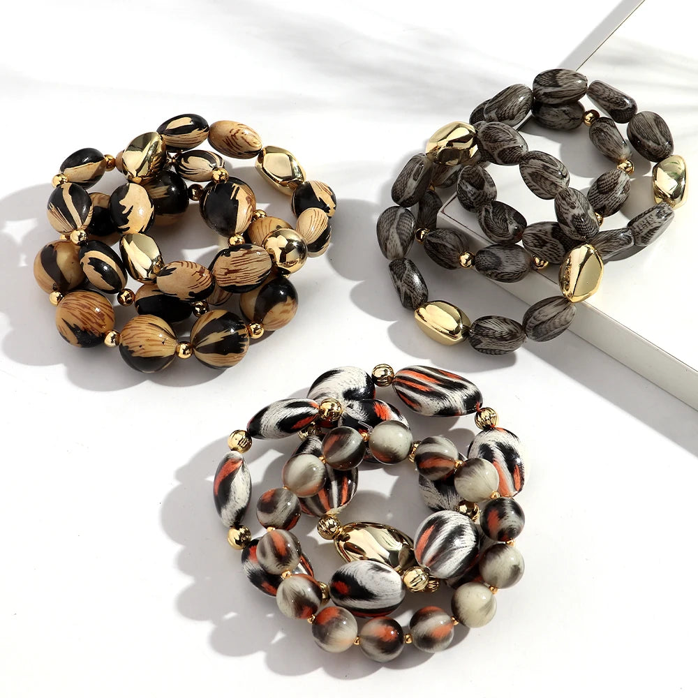 Personality Leopard Print Irregular Beaded Stretch Bangles Bracelets Retro Acrylic Geometric Beads Bracelet Women Jewelry