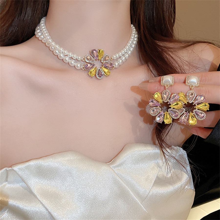 Korean Style Pearl Necklace Earrings For Women Sweet Sunflower Crystal Earrings Weddings Banquet Jewelry Sets
