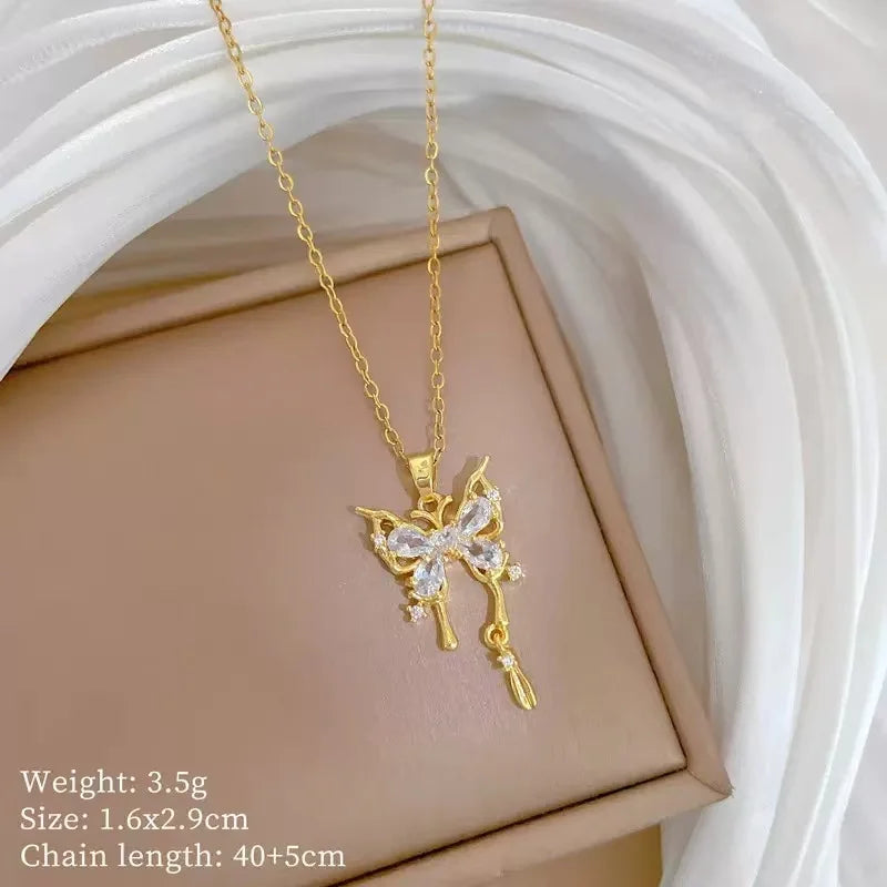 EILIECK 316L Stainless Steel Dragonfly Butterfly Shiny Cubic Zircon Pendant Necklace for Women Luxury Neck Chain Fashion Jewelry