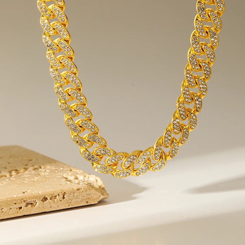 EILIECK Exquisite Geometric Thick Cuban Chain Necklace Bracelet Set Trendy Collar Punk Zirconia Collar Jewelry Women Men New