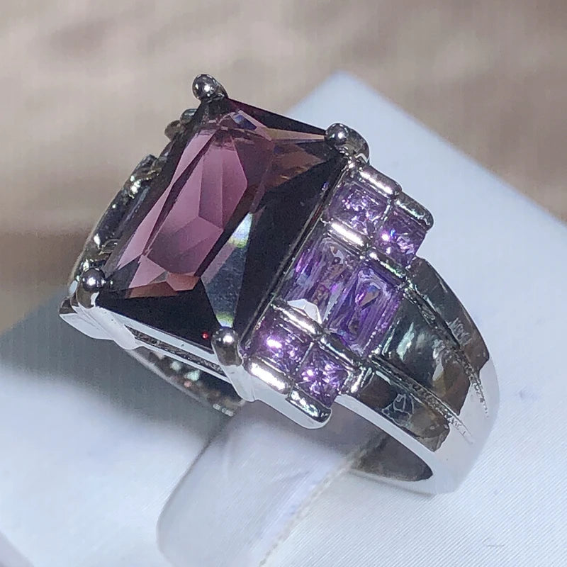 New Fashion Purple Zircon Square Ring Women 925 Stamp Exquisite Luxury Large Rectangular Zircon Party Birthday Gift