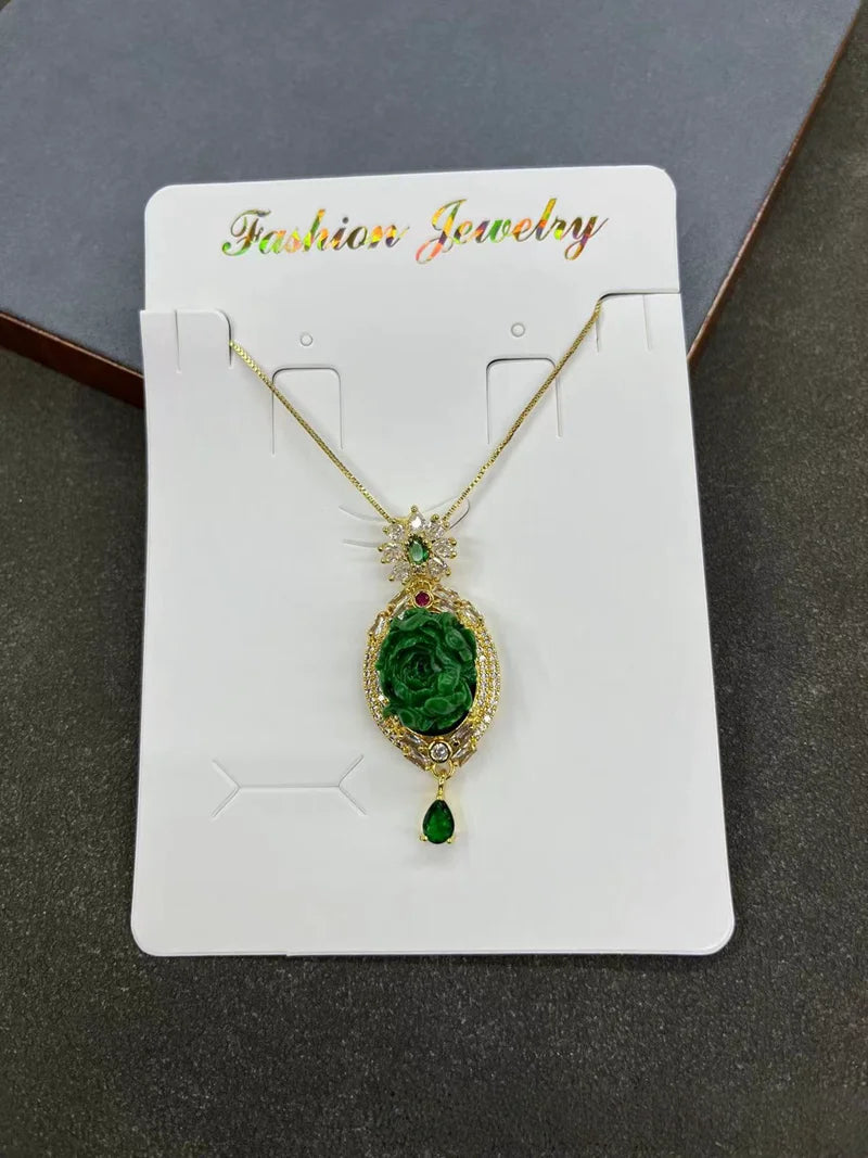 Turkish Natural Tourmaline Crystal Stone Neckalce Jade 3D Peony Flower Pattern Gemstone Pendant Charm Chain Women Lucky Jewelry