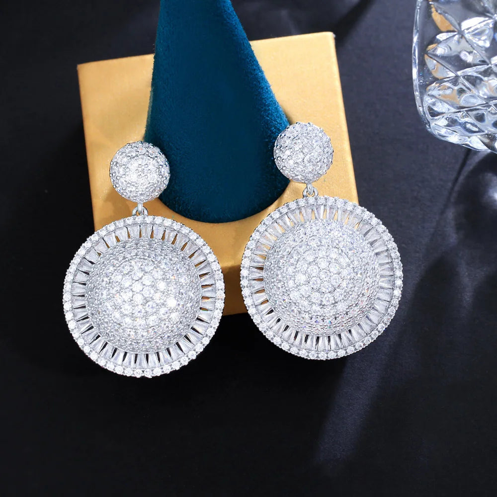 ThreeGraces High Quality Cubic Zirconia Silver Color Luxury Big Geometric Round Dangle Earrings for Women Party Jewelry E1227