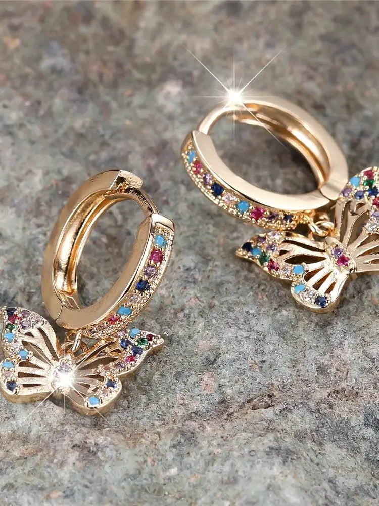 Luxury Female Rainbow Zircon Butterfly Hoop Earrings Fashion Gold Color Wedding Jewelry For Women