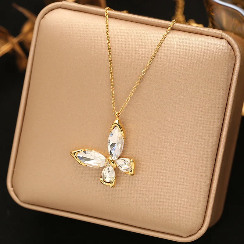 EILIECK Women's Butterfly Zircon Crystals Pendant Necklace Trendy Stainless Steel Waterproof Neck Chain Daily Jewelry Gift