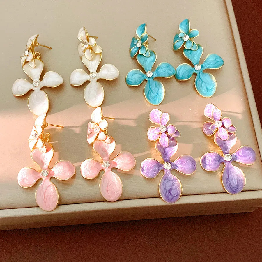 Double Layered Smudging Enamel Flower Drop Earrings for Women Vintage Shiny Rhinestones Dangle Earring Dating Party Jewelry N
