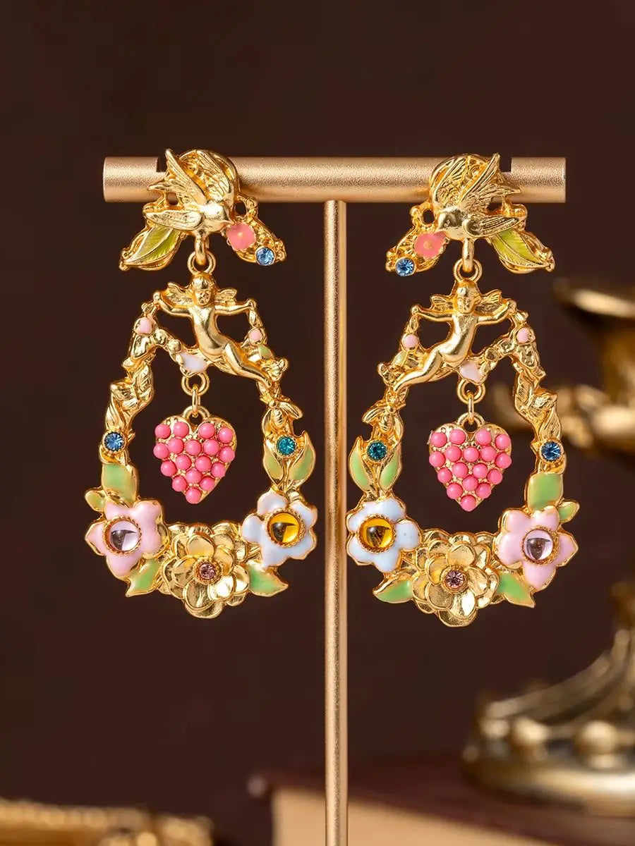 Vintage Baroque Angel Flower Earrings with Enamel and Antique Gold Heart Pendant, French Court Style Niche Earrings for Women